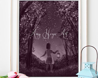 Guiding Lights, James 1:17 inspired Catholic art print, girl with lantern and fireflies in forest, 5x7 or 8x10 print unframed