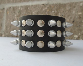 3 rows Spiked Full Grain Leather Wristband Bracelet Tree Spikes Cuff Apex Studs Band Punk Rock Glamour Hipster Handmade USA NYC spikes 1/2"