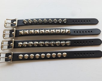 3/4" 19mm Wide Black Full Grain Leather Studded Wristband Bracelet with Buckle Single Row Black or Silver 1/2" Tall Cone Round Pyramid Studs