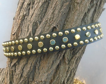 Handmade 1-3/4" Studded Leather Belt Full Grain 1 row 1/2" (45mm) Flat and 2 Rows 3/8" (13mm) Round Gold Brass Studs High Quality USA Made
