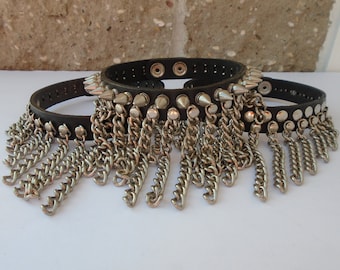 Premium Leather Chain Choker Necklace Collar Spike Gothic Punk Biker snaps Silver Chrome Hardware Handmade in USA Free Shipping Domestic