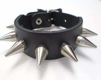 Premium Hand Made Full Grain Leather 1" Wide 1 Row 5/8" Tall Cone Spike Bracelet Wristband Cuff Band USA Made Premium Quality