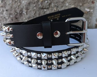 Premium Studded Leather Belt 1-3/4" 45mm 3 Rows Silver Chrome Studs 1/2" Pyramid Border UK-77 English Cones In Middle handmade in USA