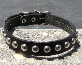 Premium Round Dome Studded Spiked Black Top Grain Leather Collar With Buckle closure Silver/Chrome Hardware Handmade in U.S.A.