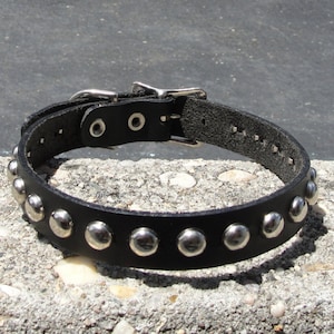 Premium Round Dome Studded Spiked Black Top Grain Leather Collar With Buckle closure Silver/Chrome Hardware Handmade in U.S.A.