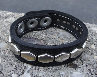 Stitched Black Latigo Leather Wristband 3/4" ( 19 mm ) wide band with Chrome Silver Hex hexagon Studs and Steel snap closure premium quality