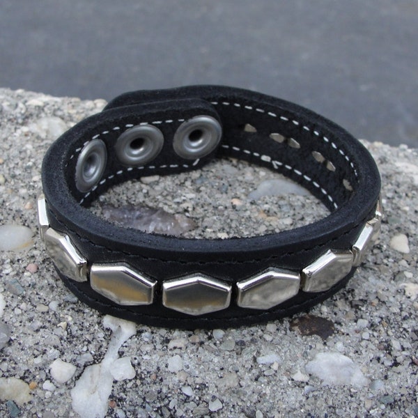 Stitched Black Latigo Leather Wristband 3/4" ( 19 mm ) wide band with Chrome Silver Hex hexagon Studs and Steel snap closure premium quality