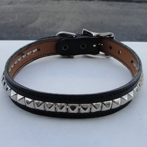 Premium Studded Spiked Black Leather Collar 1 Row Small Pyramid Square Studs Lined Choker Stitched Necklace Silver Chrome Hardware USA Made