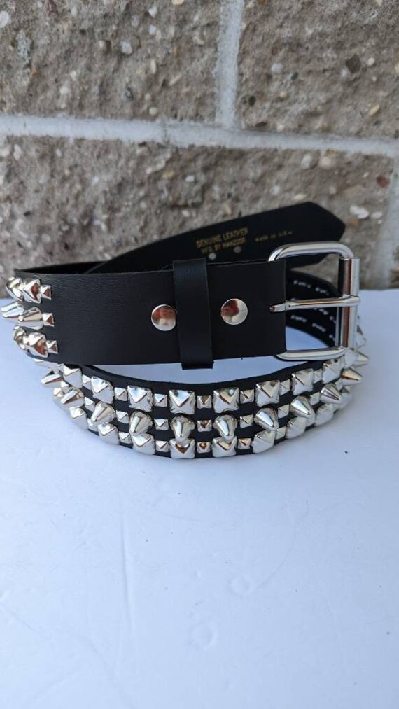 thumbnail image 2 of Funk Plus Brass Gold Pyramid Stud Belt – Genuine Leather, Punk Goth Thrash Metal, USA Made 3/4" 2 of 6