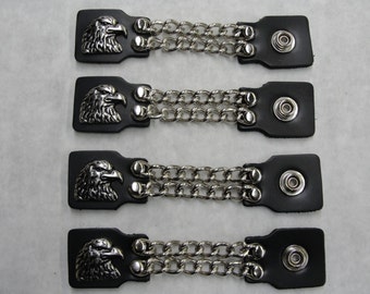 American Eagle Head set of 4 handmade two row chain black leather vest extenders 4" and 6" length made in the USA Biker Motorcycle HD