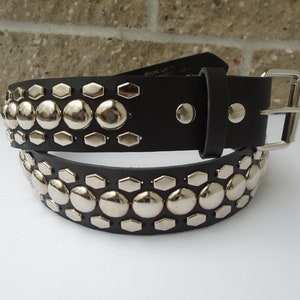 Premium 1-3/4&quot; ( 45 mm ) studded Leather Belt 3 Rows Silver/Chrome Studs 1/2&quot; Hexagon Border With 3/4&quot; Round/Dome In Middle Stud USA Made