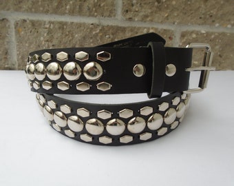 Premium 1-3/4" ( 45 mm ) studded Leather Belt 3 Rows Silver/Chrome Studs 1/2" Hexagon Border With 3/4" Round/Dome In Middle Stud USA Made