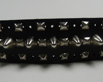 1-3/4" ( 45 mm ) studded Leather Belt With 3 Rows Silver/Chrome Studs 1/2" Pyramid Border UK-77 English Cones In Middle Studs made in USA