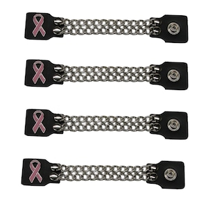 Breast Cancer Awereness Pink Ribbon set of 4 handmade two row chain black leather vest extenders 4&quot; and 6&quot; Handmade USA Biker Motorcycle HD