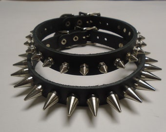 Spiked Leather Collar Necklace Black Buckled Silver Chrome Hardware Handmade in USA BDSM Bondage Punk Gothic Goth Emo Fetish Choker Sexy