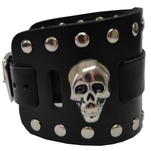 Skull Head Concho Handmade Black Buckle Wide Full Grain Leather Watchband Military Biker Rocker U.S.A. NYC Cuff Wristband Bracelet