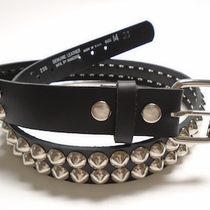 Premium 1-1/4&quot; (32mm) Wide Full Grain Leather Belt 2 rows 1/2&quot; (13 mm) US-77 Cone Studs Silver Chrome Studded Spiked Made in U.S.A.