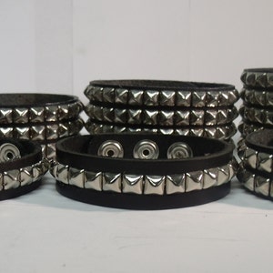 Premium Studded Leather Bracelet Wristband Cuff with 1/4 Pyramid Square Studs Spikes Made in USA NYC 1 2 3 4 and 5 Row image 2