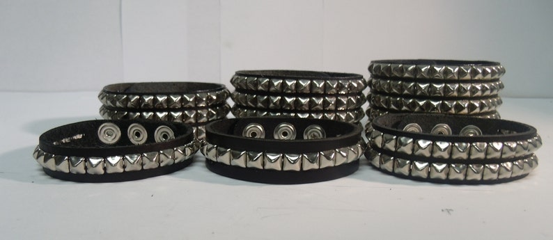 Premium Studded Leather Bracelet Wristband Cuff with 1/4 Pyramid Square Studs Spikes Made in USA NYC 1 2 3 4 and 5 Row image 2
