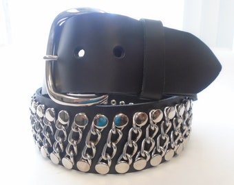 Premium 2" Wide Black Full Grain Leather Belt with Chains Hand Made Punk Rock Star Belt Heavy Metal Made in USA
