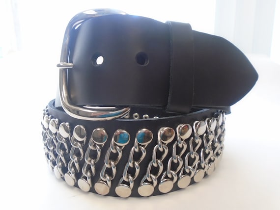 Heavy Black  Leather Belt with Silver Chains Handmade Draping Chain Halter Ring Belt Black Leather U.S.A.  main image 4
