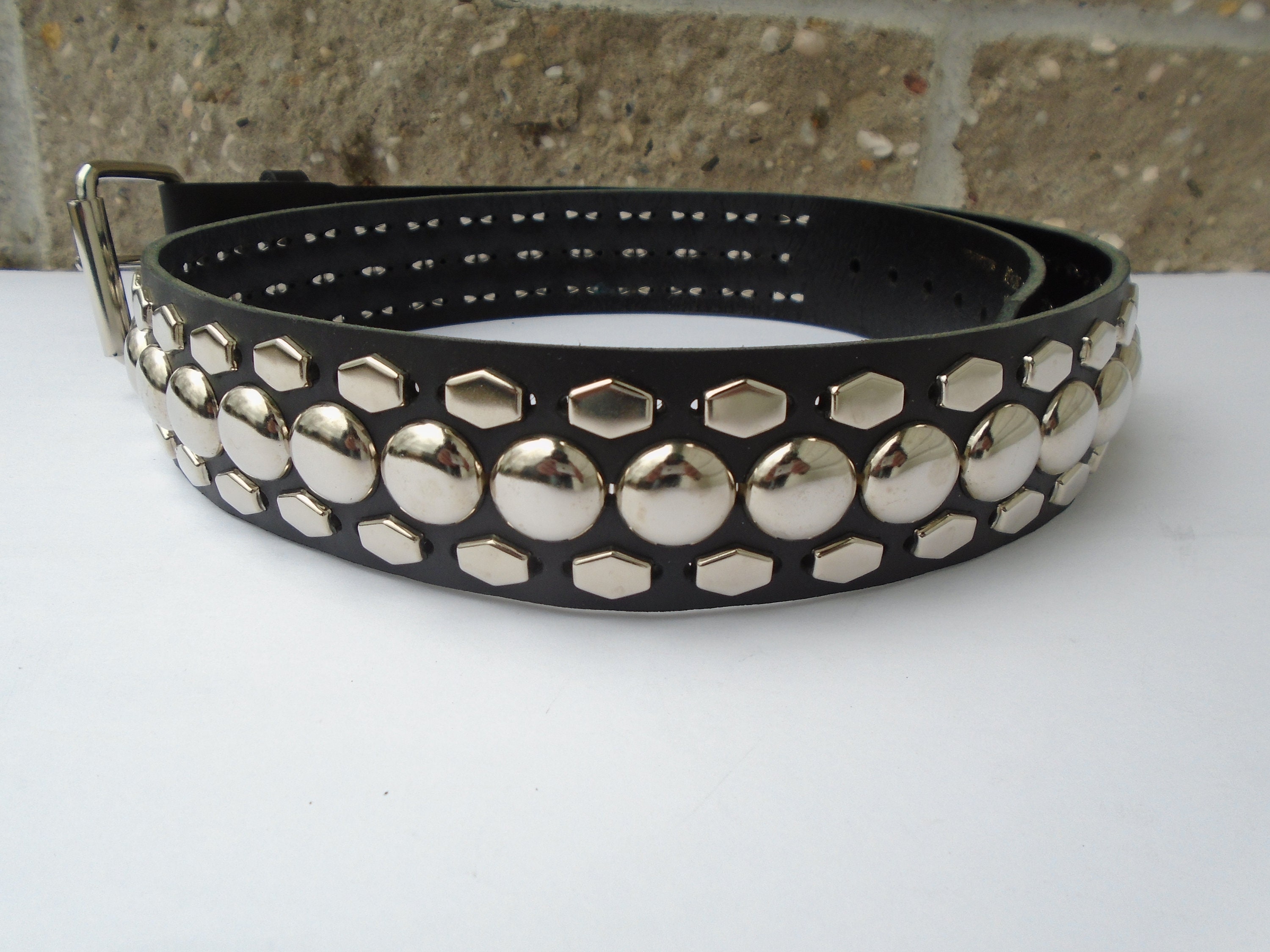 Mens Studded Belt 3 Row Studs Diamond Black Leather Casual Wear