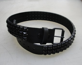 Premium 1-3/4" (45mm) wide Full Grain Leather Belt 3 rows 1/2" (13 mm) PY-77 Pyramid Square Studs Black/Matte Studded Spiked Made in U.S.A.
