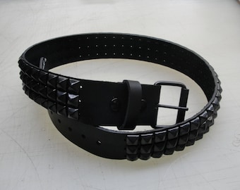 Premium 1-3/4" (45mm) wide Full Grain Leather Belt 3 rows 1/2" (13 mm) PY-77 Pyramid Square Studs Black/Matte Studded Spiked Made in U.S.A.