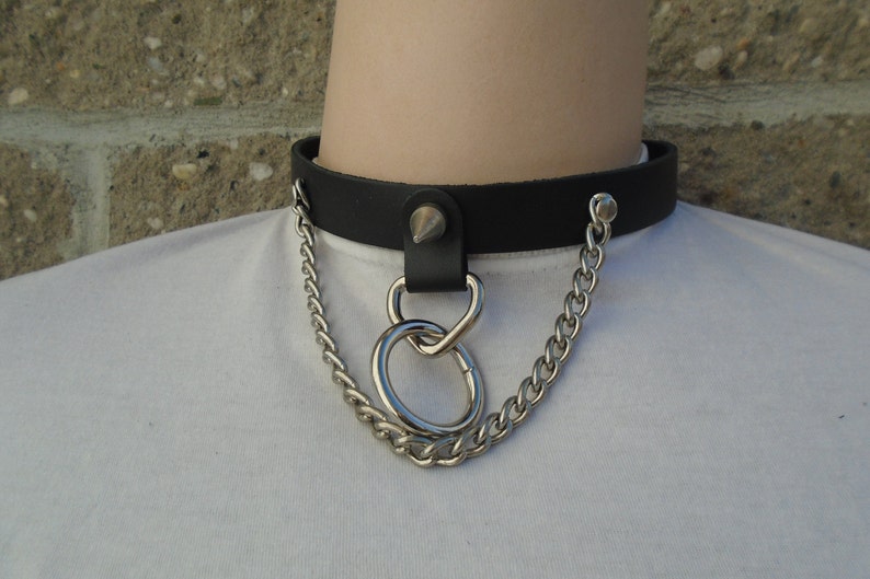 Handmade in USA Spiked Leather Collar With O-Ring and Chain Gothic Choker Punk Necklace with Buckle Black Leather Silver/Chrome Hardware image 3