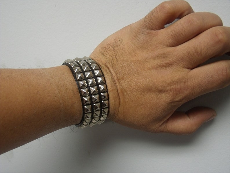 Premium Studded Leather Bracelet Wristband Cuff with 1/4 Pyramid Square Studs Spikes Made in USA NYC 1 2 3 4 and 5 Row image 8