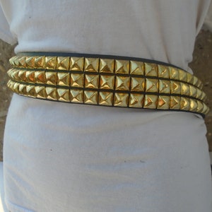 Premium 1-3/4" (45mm) wide Full Grain Leather Belt 3 rows 1/2" (13 mm) PY-77 Pyramid Square Studs Brass/Golden Studded Spiked Made in U.S.A.