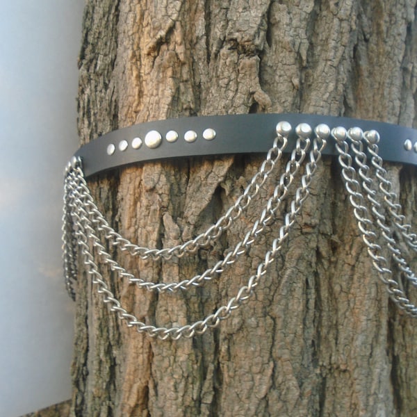 Handmade Draping Chain and Rivet 3/4' Belt Black Leather U.S.A. Silver/Chrome Hardware Gothic Punk Rock Biker Steampunk Rock Star Steam Punk