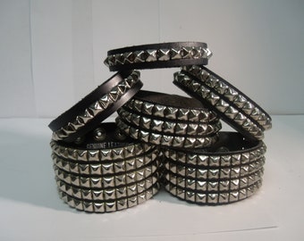 Premium Studded Leather Bracelet Wristband Cuff with 1/4" Pyramid Square Studs Spikes Made in USA NYC 1 2 3 4 and 5 Row