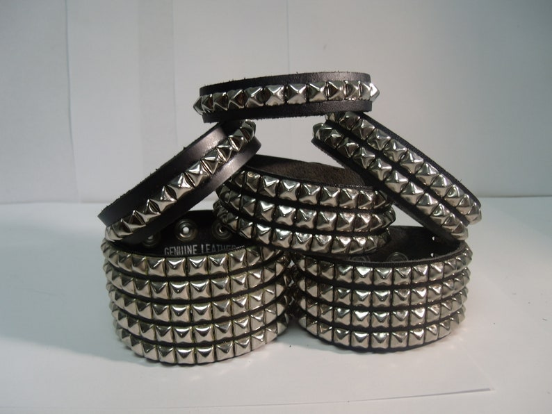 Premium Studded Leather Bracelet Wristband Cuff with 1/4 Pyramid Square Studs Spikes Made in USA NYC 1 2 3 4 and 5 Row image 1