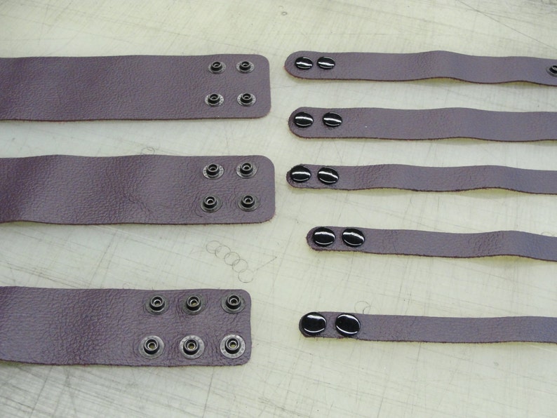 Custom Plum Purple Bracelet Plain Leather Wristband with Black snaps Cuff Handmade On Long Island NY USA Bangle Thin to Thick widths image 7