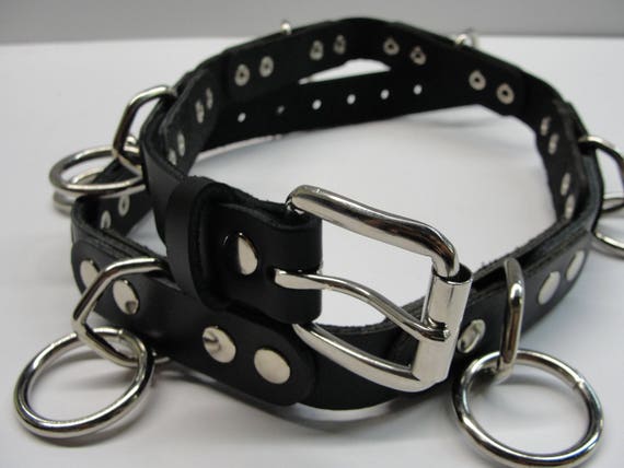 Steam Punk Halter Ring Belt Full Grain Black Leather Pieces Hand