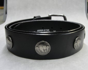 Premium Solid Thick Black Full Grain Leather Belt with buffalo nickel Conchos 1-1/2" ( 38-mm ) 1.5 inch Removable Stainless Steel Buckle