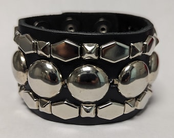 Premium 1-3/4" (45mm) wide black leather Studded Bracelet Cuff with 3 rows of alternating chrome/silver studs USA Rocker Hipster Punk Rock