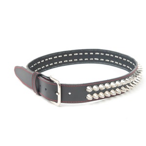 Premium 1-1/2&quot; (38mm) wide Full Grain Leather Belt with 2 rows 1/2&quot; (13 mm) UK77 Cone Studs Chrome Silver Studded Spiked Made in U.S.A. NYC