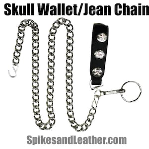 Cadena de cartera de cuero negro hecha a mano disponible con cadena pesada plateada/cromada de 16", 26" o 36" Skull UK77 US/77 Dome Studs Punk Biker jeans