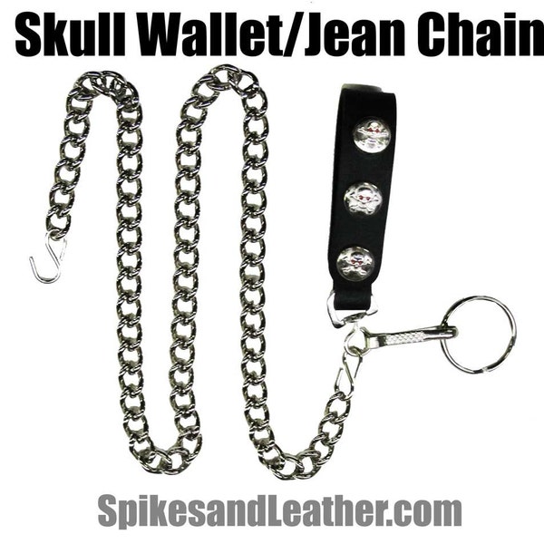 Handmade Black Leather Wallet Chain available with 16" 26" or 36" silver/chrome heavy chain Skull UK/77 US/77 Dome Studs Punk Biker jeans