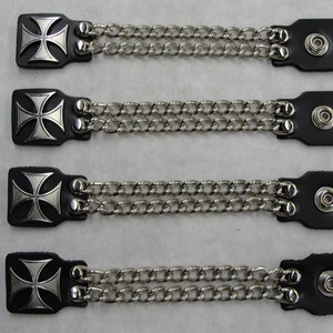 Iron Maltese Cross set of 4 handmade two row chain black leather vest extenders 4 and 6 length made in the USA Biker Motorcycle HD image 4