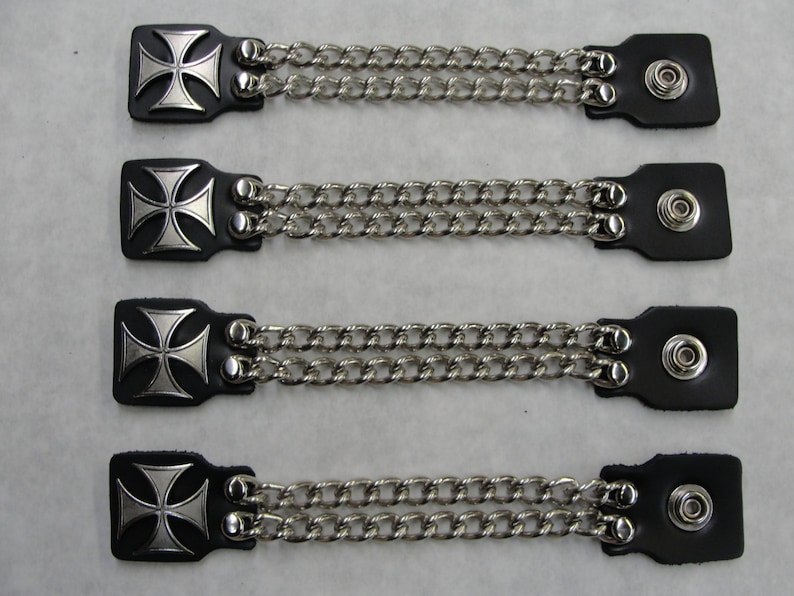 Iron Maltese Cross set of 4 handmade two row chain black leather vest extenders 4 and 6 length made in the USA Biker Motorcycle HD image 4