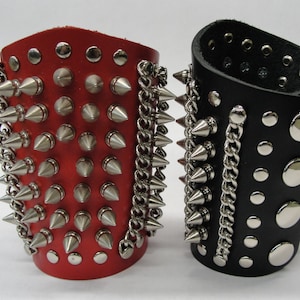Spiked handcrafted Full Grain leather 5&quot; (125 mm) Tall Bracer Gauntlet Silver Chrome Spike Stud Chain Bracelet Cuff Band Wristband Black Red