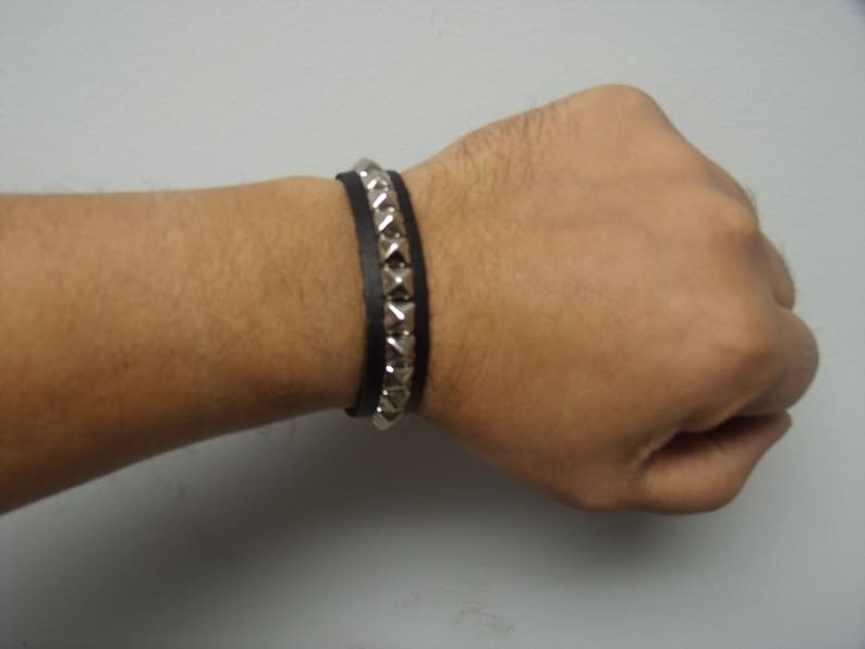 Premium Studded Leather Bracelet Wristband Cuff with 1/4 Pyramid Square Studs Spikes Made in USA NYC 1 2 3 4 and 5 Row image 5
