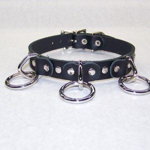 Premium Leather Collar With 3 Silver/Chrome O-Rings and flat rivets Gothic Choker Punk Necklace with Buckle Black or Red Handmade in U.S.A.