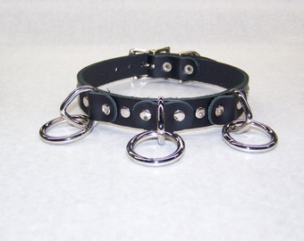Premium Leather Collar With 3 Silver/Chrome O-Rings and flat rivets Gothic Choker Punk Necklace with Buckle Black or Red Handmade in U.S.A.