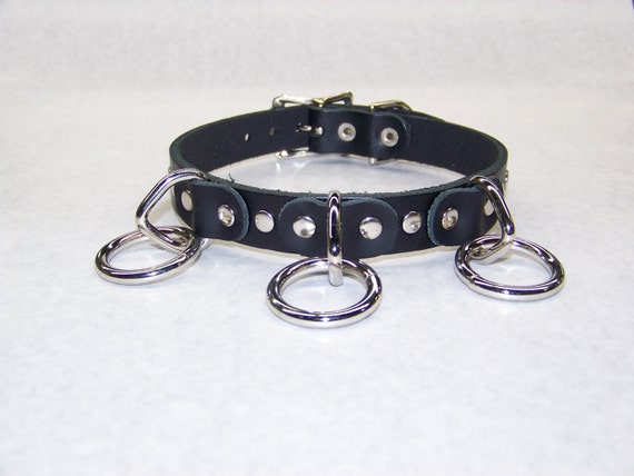 Premium Leather Collar With 3 Silver/chrome O-rings and Flat