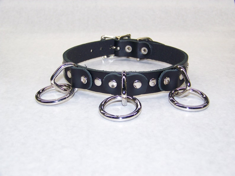 Premium Leather Collar With 3 Silver/Chrome O-Rings and flat rivets Gothic Choker Punk Necklace with Buckle Black or Red Handmade in U.S.A. image 1