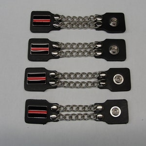 Thin Red Line set of 4 handmade two row chain black leather vest extenders 4&quot; and 6&quot; length made in the U.S.A. FD Firemen Fire Department